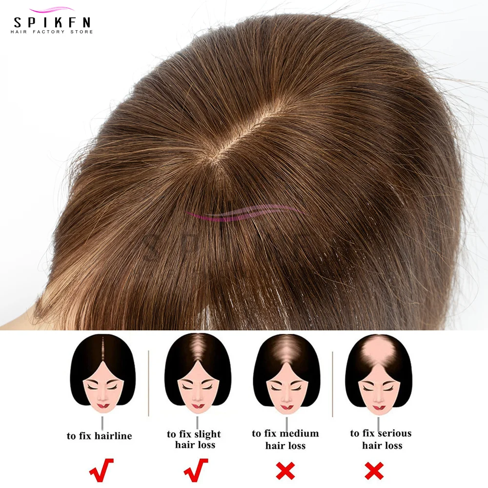 Spikfn 8 "-14" topper de cabelo humano 8x12cm base de cabelo respirável peças de cabelo reto natural para mulheres perda de cabelo ou franja penteado