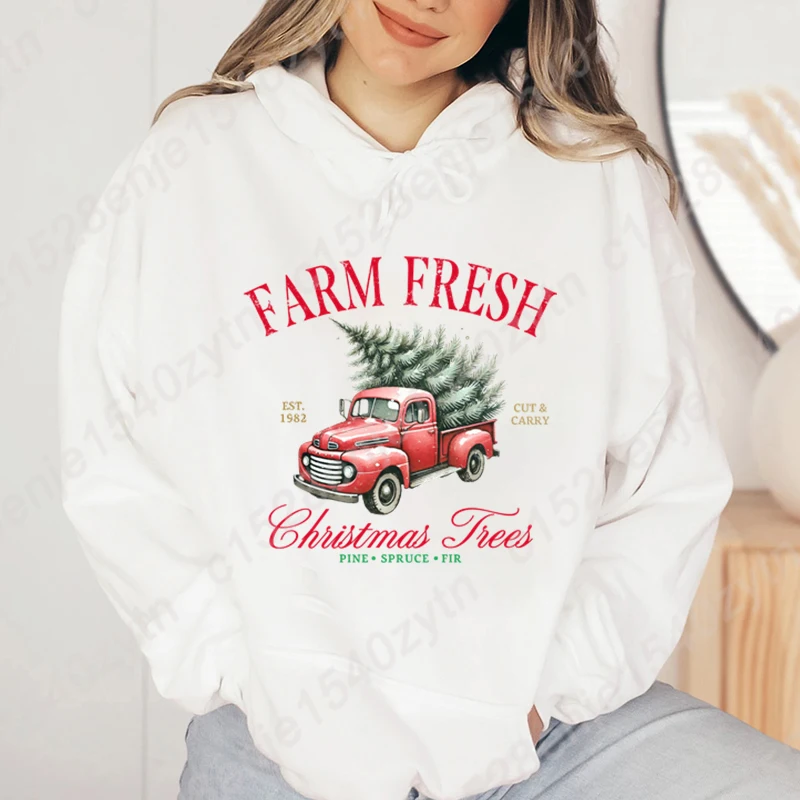 New Women Hoodie Farm Fresh Christmas Trees Pine Spruce Fir Print Autumn Winter Hoodies Loose Hooded Sweatshirt Pocket Pullovers