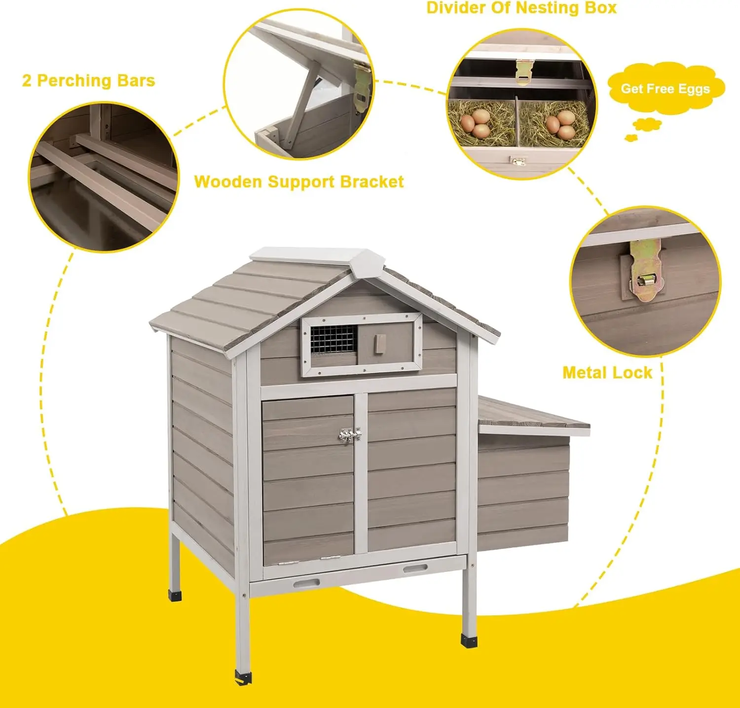 Petscosset Chicken Coop with Nesting Box, Hen House with Ramp Outdoor Poultry Cage with Pull Out Tray