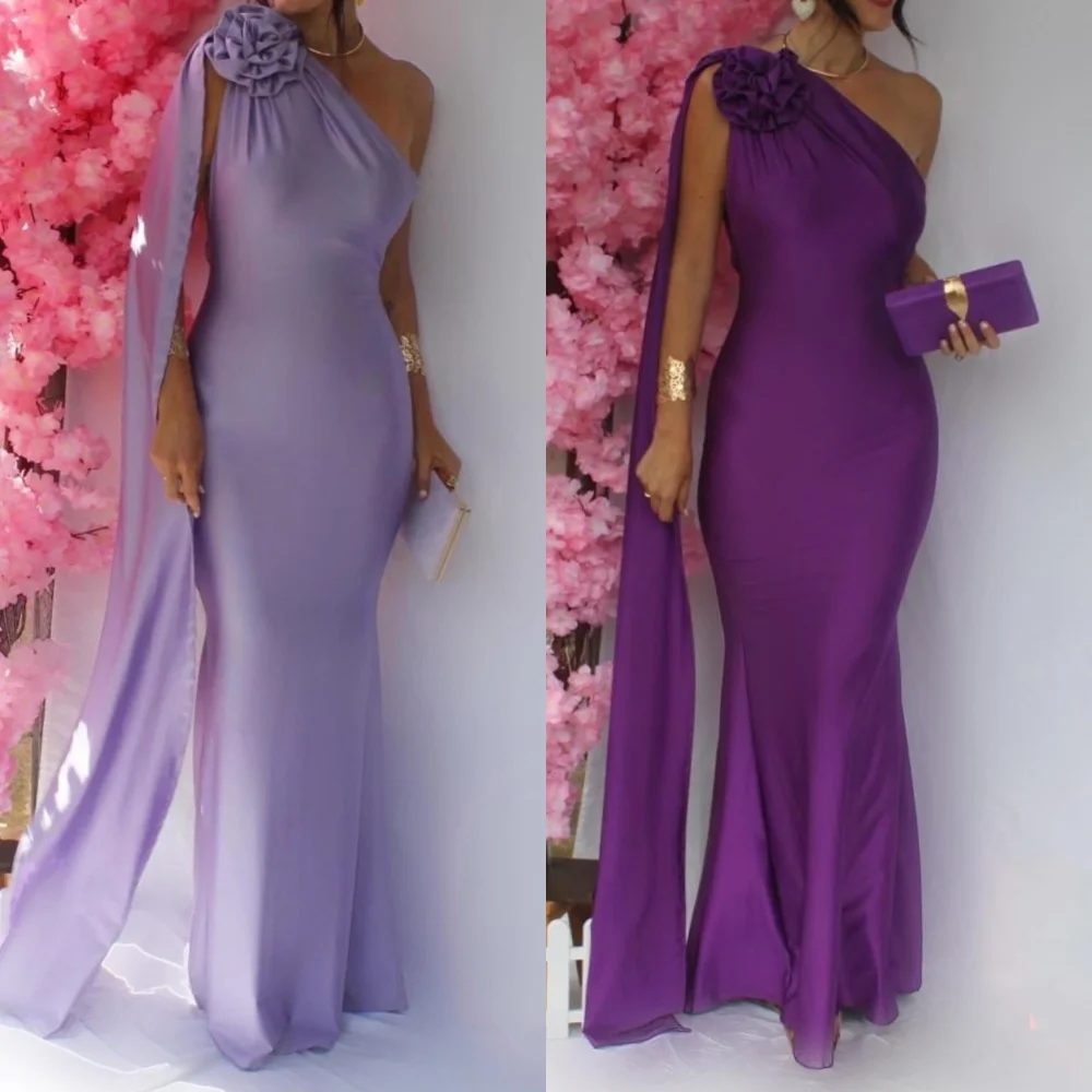 

Customized Jersey Flower Ruched Formal Evening A-line One-shoulder Bespoke Occasion Gown Long Dresses