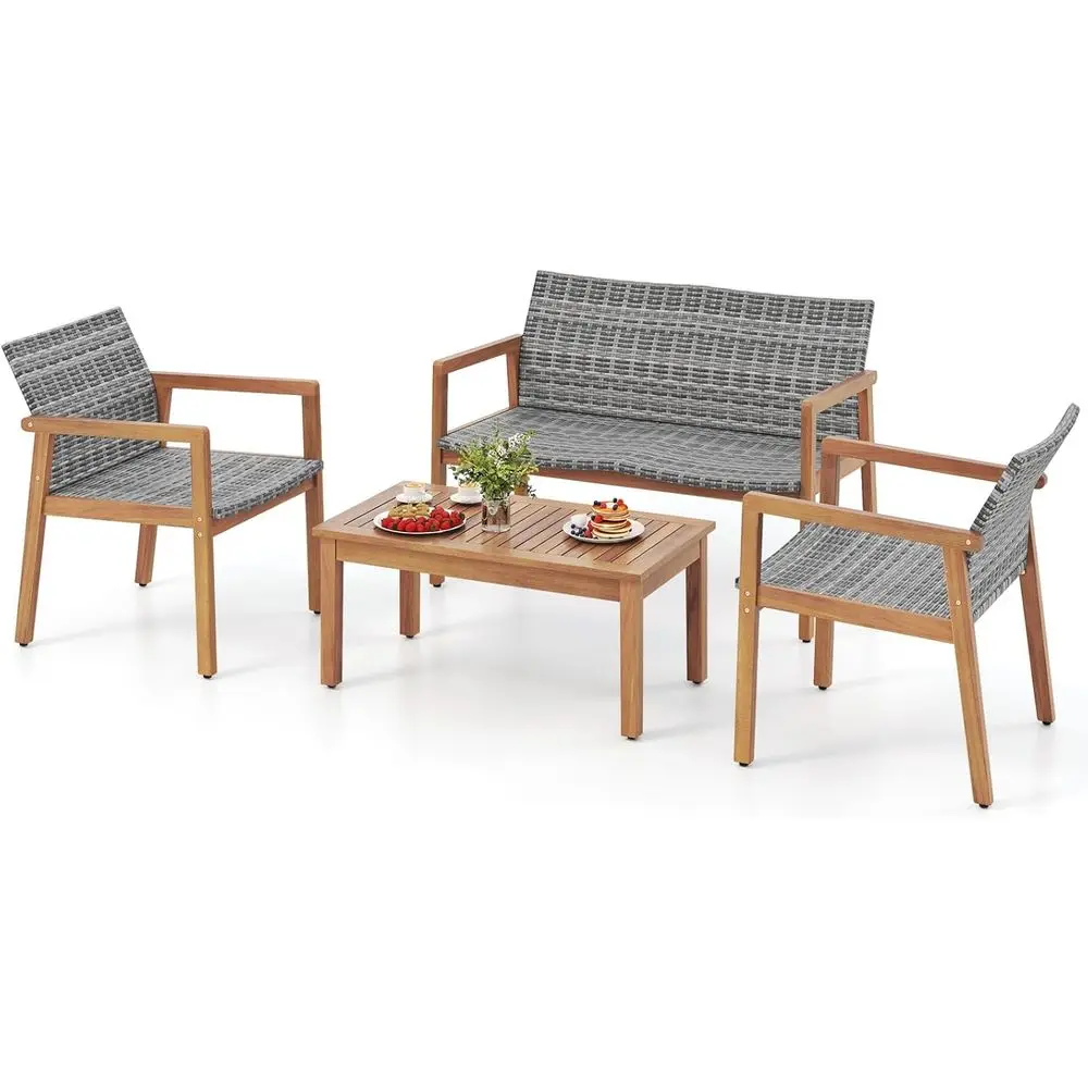 

4-местный комплект для бистро на открытом воздухе: кресло-софа из ротанга, стулья и кофейный столик с каркасом из акации для патио, сада и зоны у бассейна