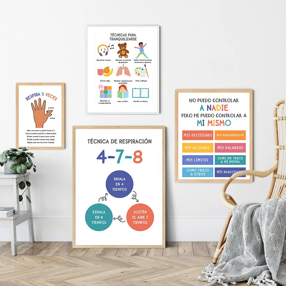 Spanish Child Education Emotion Yoga Weather Nursery Poster Nordic Wall Art Print Canvas Painting Pictures Baby Kids Room Decor