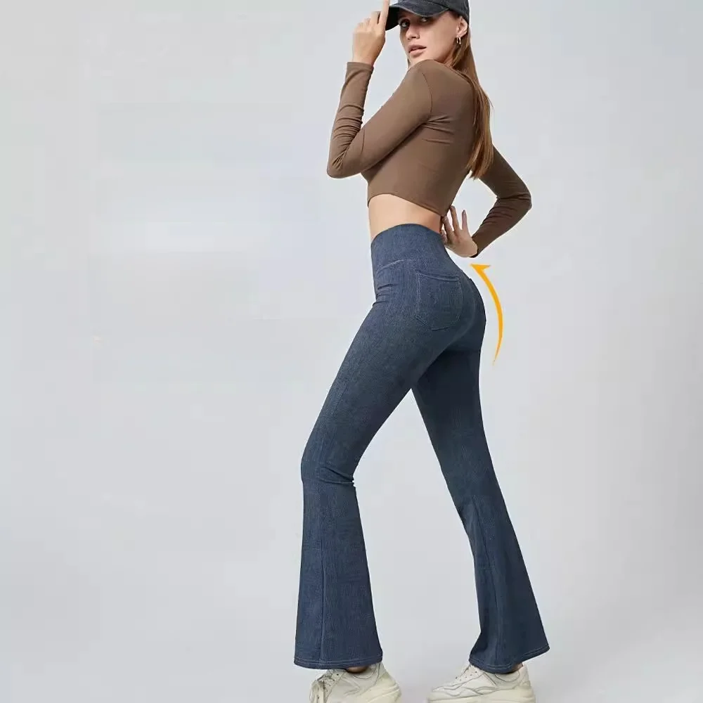 High Waist Yoga Pants Women's plus Size Denim Bell Bot Tight Fit Exercise Trousers Wide Leg Outerwear Spring Autumn