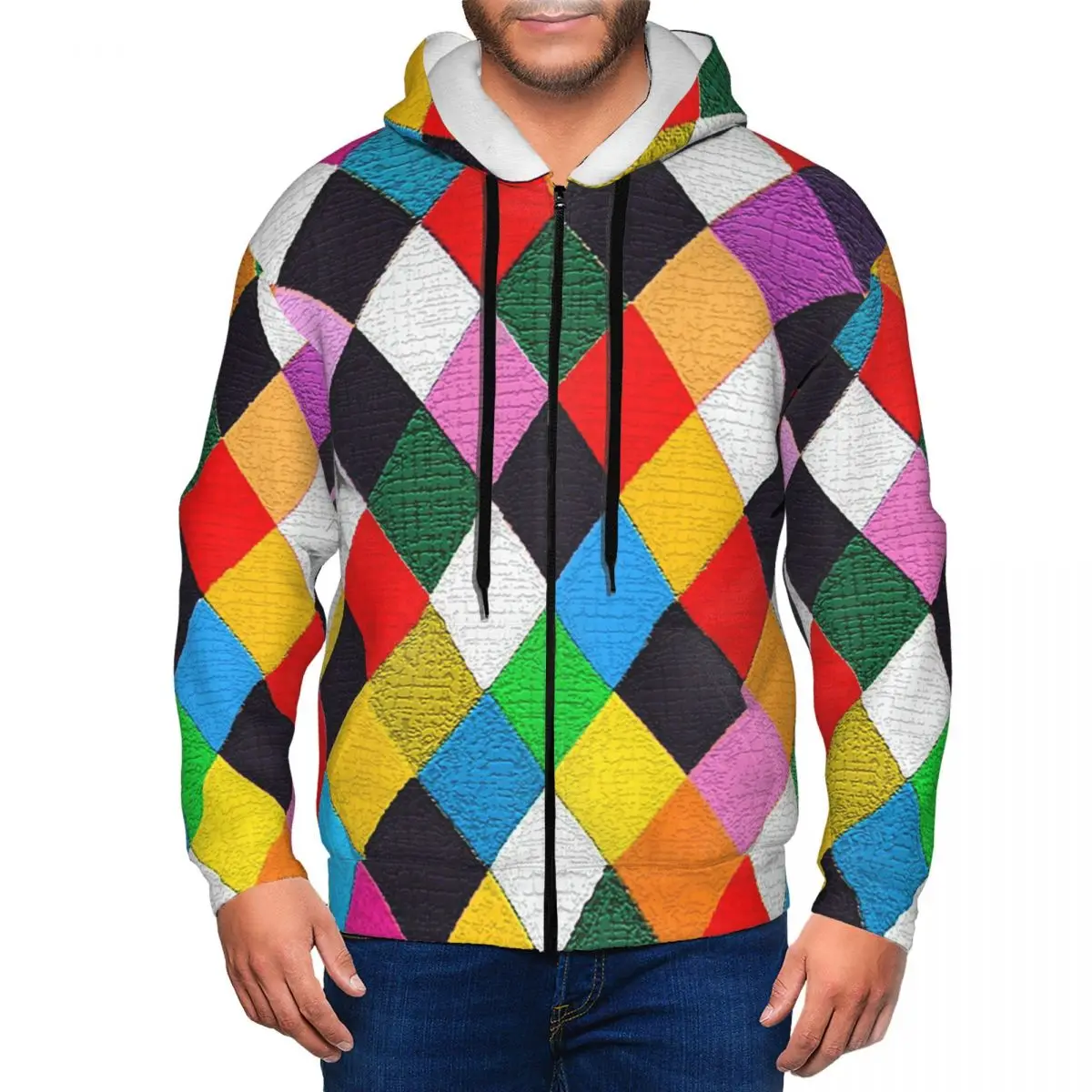 Sudadera con Capucha y Cremallera con Patrón de Arlequín y Máscara Veneciana para Mardi Gras, Otoño Invierno, para Hombre y Mujer, Manga Larga
