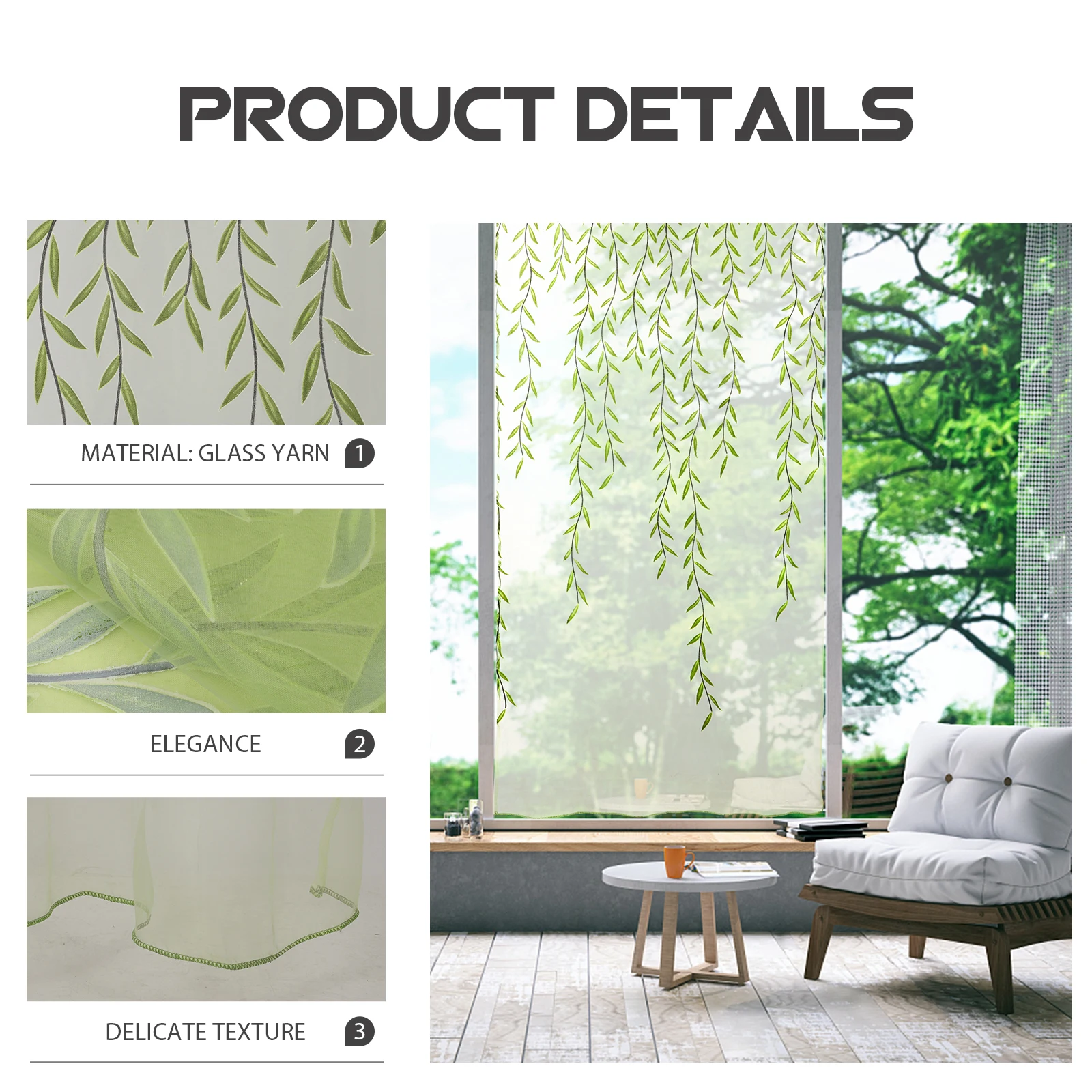 

Sheer Voile Curtains Transparent Window Green Drapes Willow Leaf Pattern Airy Room Darkening Privacy Living Bedroom