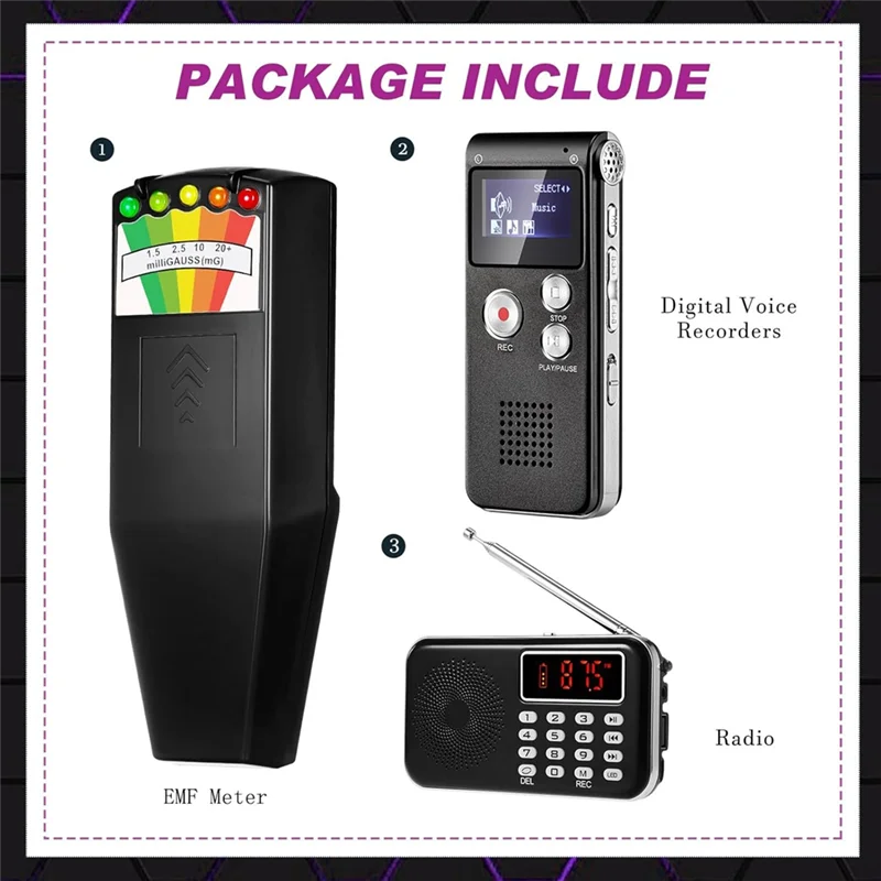 【CLEARANCE】3 Pcs Equipment Kit Includes 1 Pcs 8GB Audio Recorder 1 Pcs Emf Detector Emf Meter Magnetic Field Detector For Resear