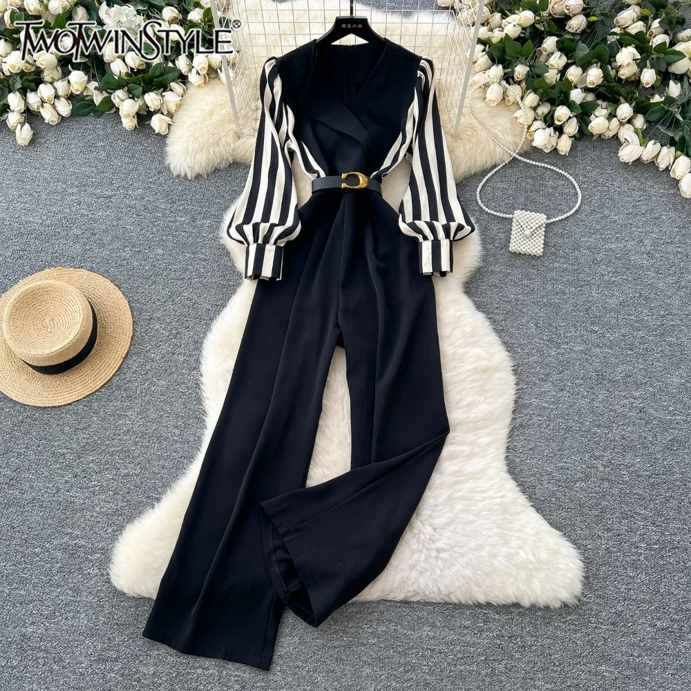 

TWOTWINSTYLE Hit Color Chic Jumpsuit For Women Lapel Long Sleeve High Waist Patchwork Sashes Wide Leg Jumpsuit Female KJU523821