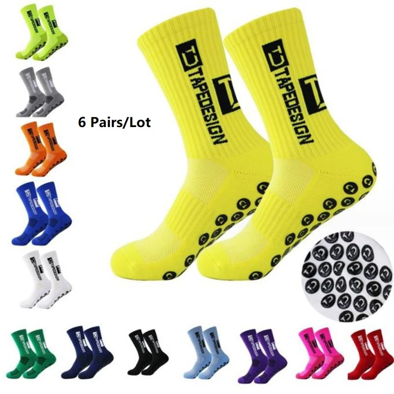 6 Pairs/Lot Anti Slip Tapedesign Football Socks Men's Women Mid Calf Non-Slip Soccer Sport Cycling Male Sports Sock 2025 New