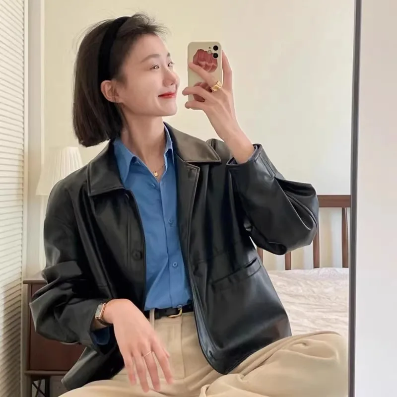 

Spring Autumn Thin Style Vintage Lapel Single-Breasted Leather Jacket Women Trendy Long Sleeve Spliced Big Pockets Women's Coat