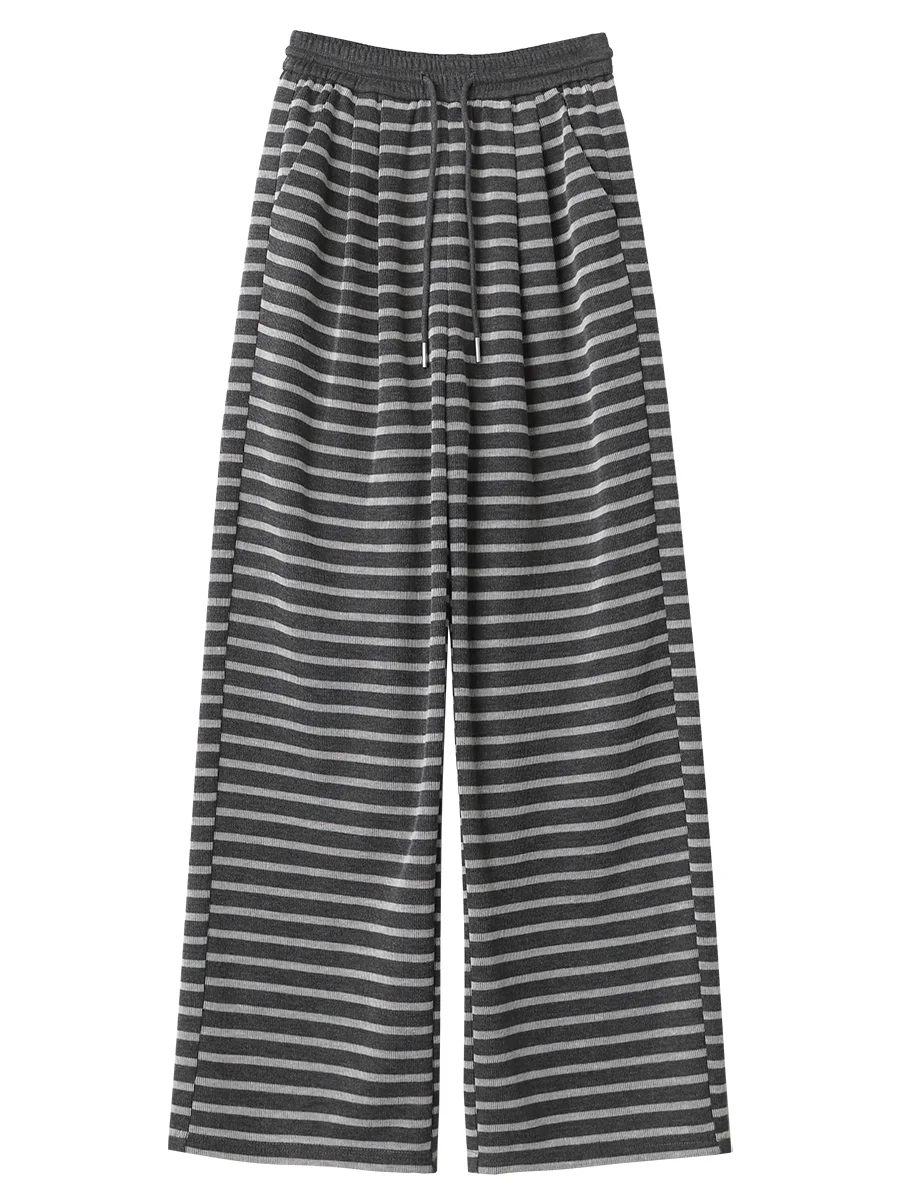 شيك فين النساء السراويل فضفاضة عادية مخطط بنطال ذو قصة أرجل واسعة معلقة مستقيم بناطيل كاجوال ربيع الخريف النساء 2025