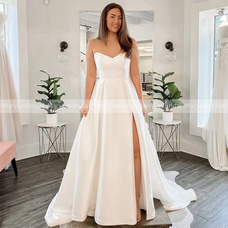 Vestidos de novia de satén con corte en A para mujer, vestidos de novia de talla grande con abertura frontal alta, vestido de novia blanco marfil hecho a medida