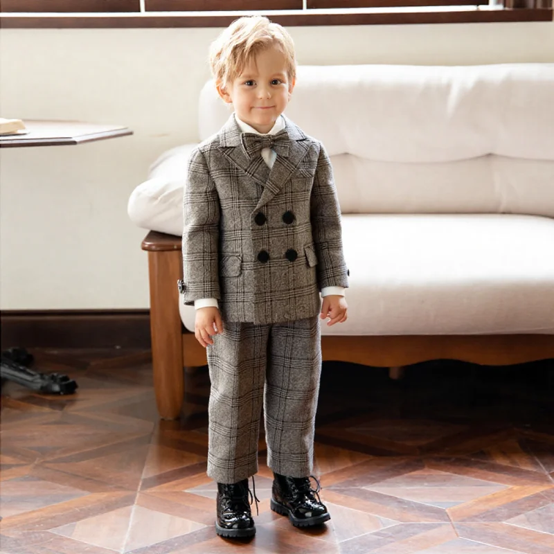 

Spring Autumn Children's Plaid Double-breasted Suit Set Boys Formal Wedding Birthday Party Wear Kids Host Performance Costume
