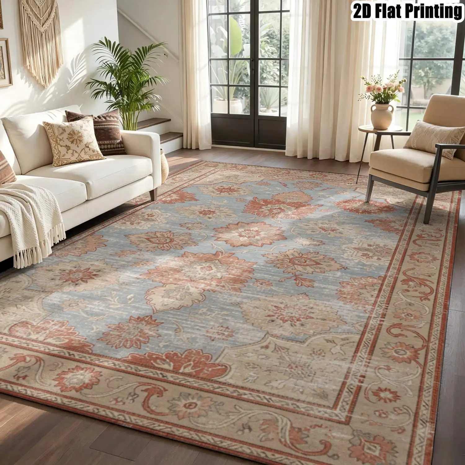 1Pc 2D Printed Carpet: Blue Base, Red-Brown Floral Pattern Vintage, European, Bohemian, Geometric. Home Decor, Multi-Size, Machine Washable. For Living Room, Bedroom, Dining Room, Entrance, Study.