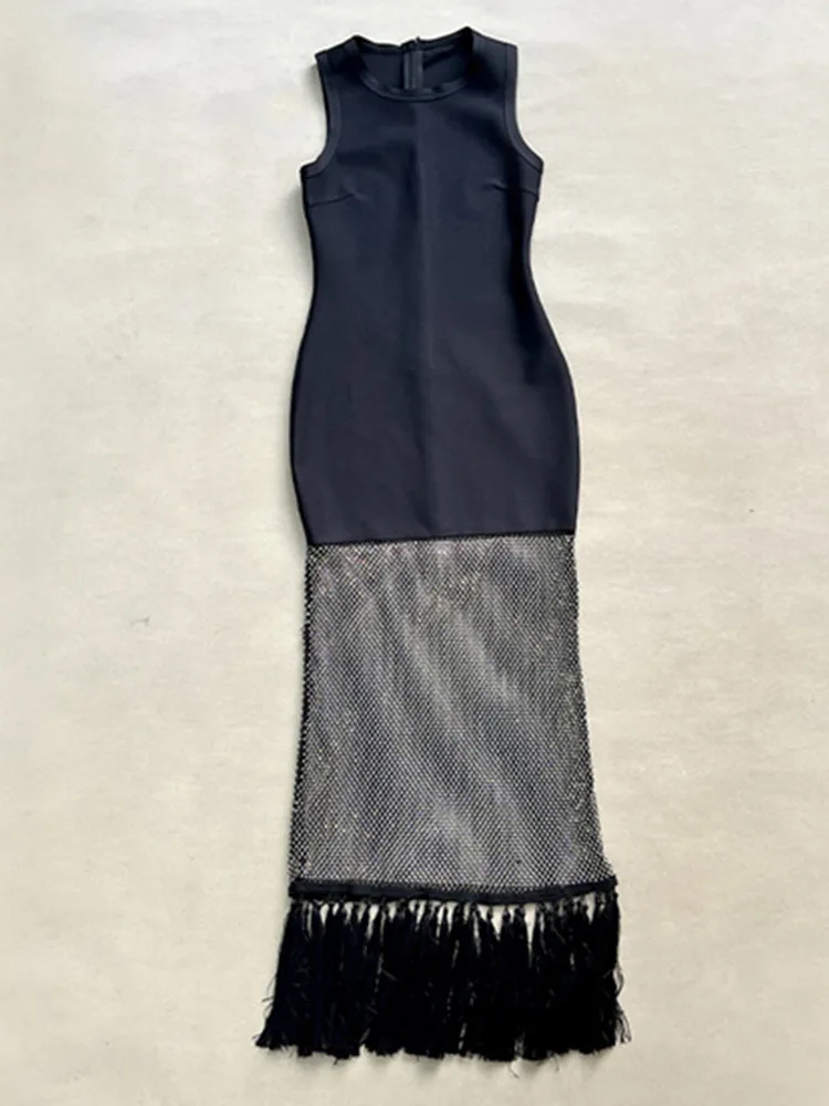 Femmes Sexy O cou diamants Net noir Maxi longs diamants célébrité moulante robe de pansement 2025 élégant soirée Club robe de soirée