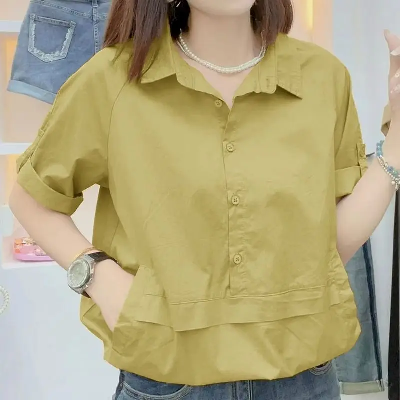 Polo Shirt Tshirt Women Short Sleeve Blouse Loose Oversized Slim Solid Color Lapel Casual Top 2024 Summer Trend Artistic Tshirts