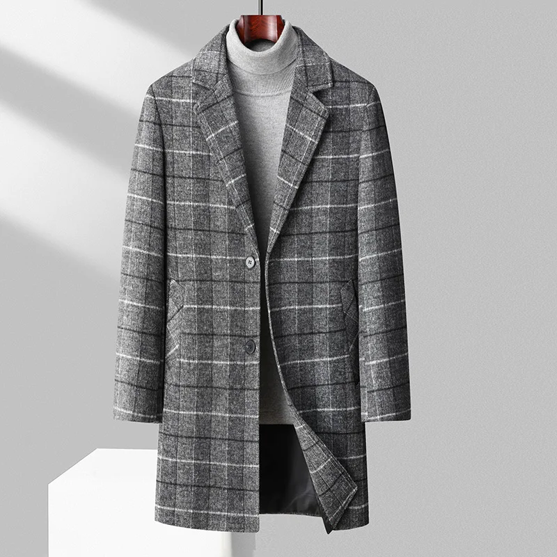 The Main Promotion of New Explosive Coat Autumn and Winter New Mid-length Plaid Pattern High-quality Wool Slim-fit Men\'s Coat