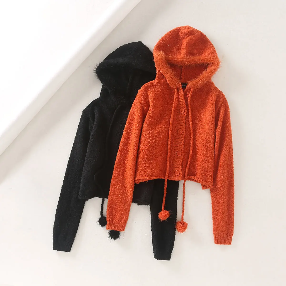 

2023 Spring Fall Women Vintage Teddy Hairy Knitted Sweater Female Retro Single-breasted Hooded Drawstring Hooded Cardigan Tops