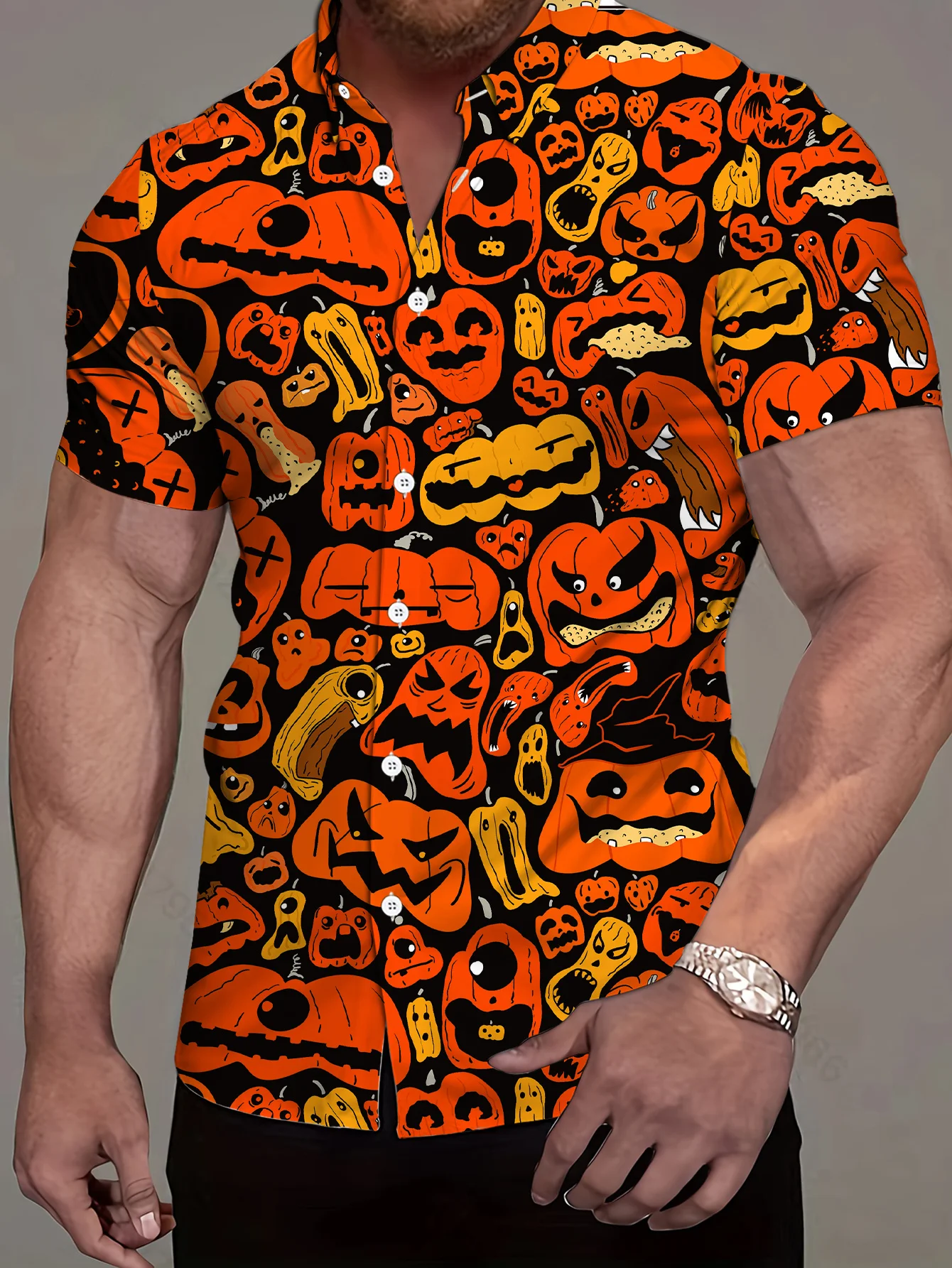 2026 Men's Shirt Halloween Pumpkin Face Print Black Base Turn Down Collar Short Sleeve Loose Holiday Party Casual Mens Clothing