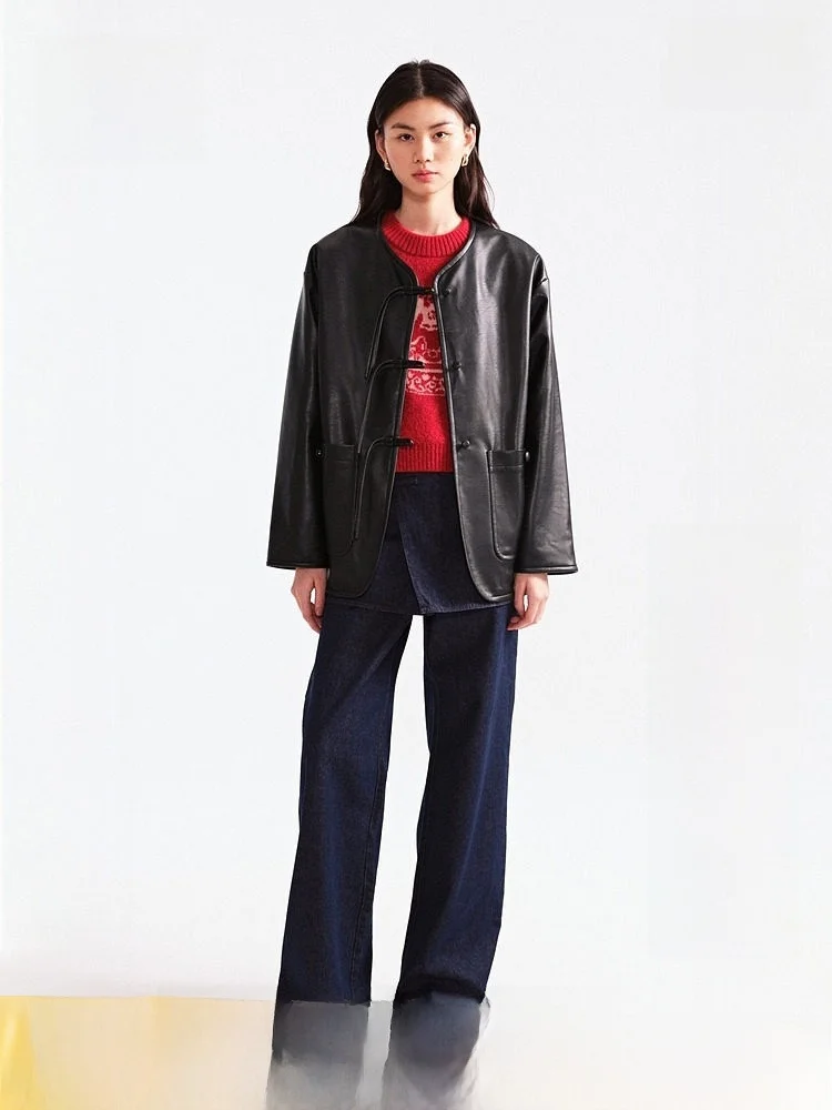 

Модная женская кожаная куртка свободного кроя с круглым вырезом и пуговицами, повседневный стиль, из искусственной кожи, коллекция H&M Весна 2026