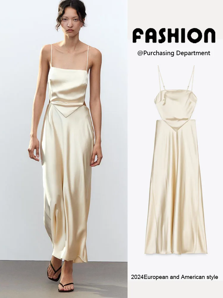 فستان صيفي جديد للنساء، فستان طويل مثير من الحرير الساتان بدون حمالات، مفتوح من الخصر، على الطراز الأوروبي، بخصر ضيق، بدون أك... #2