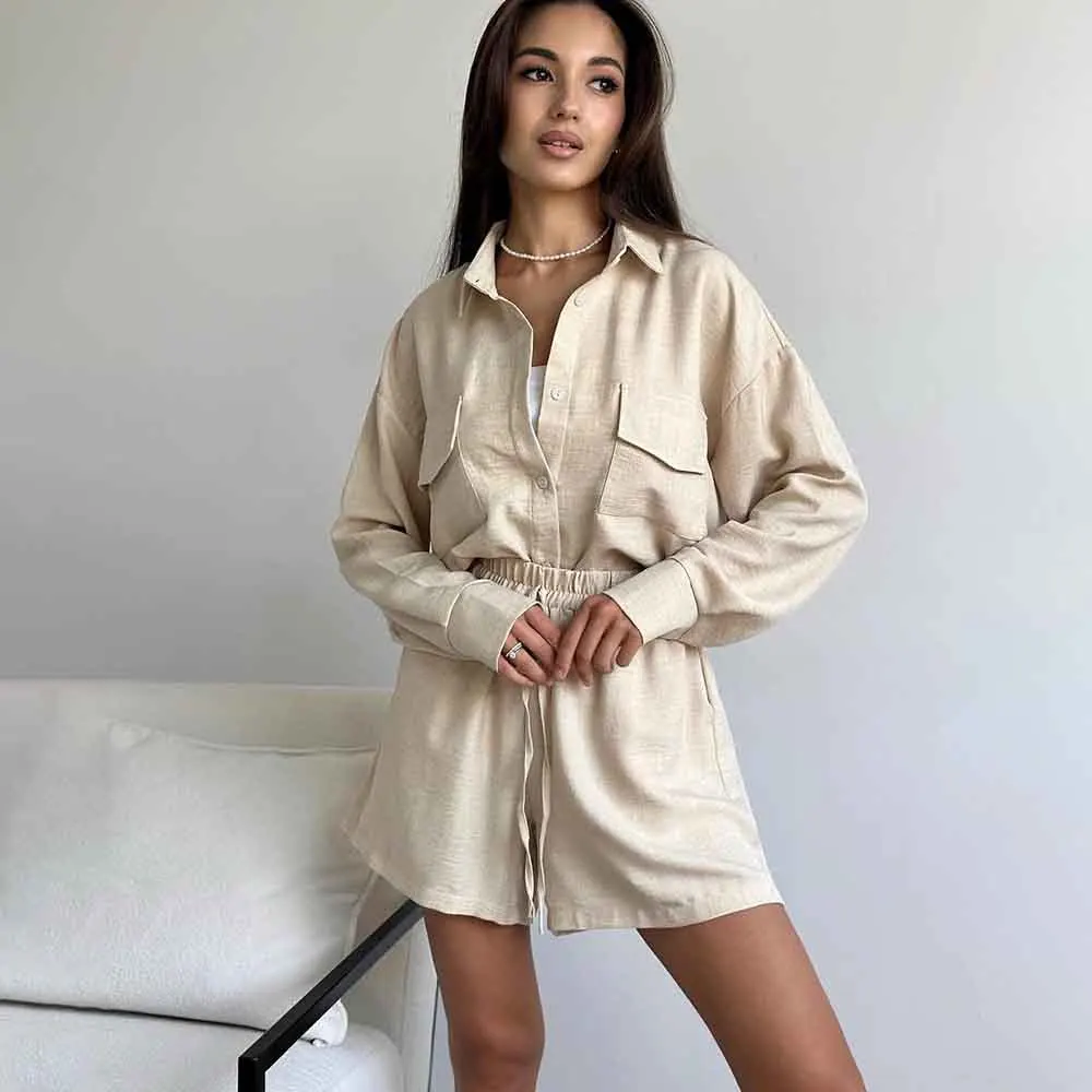 

Casual Loose Pocket Shirt Shorts Two Piece Sets Womne Spring Summer Long Sleeve Shirt Outfits Office Fashion Lace Up Shorts Suit