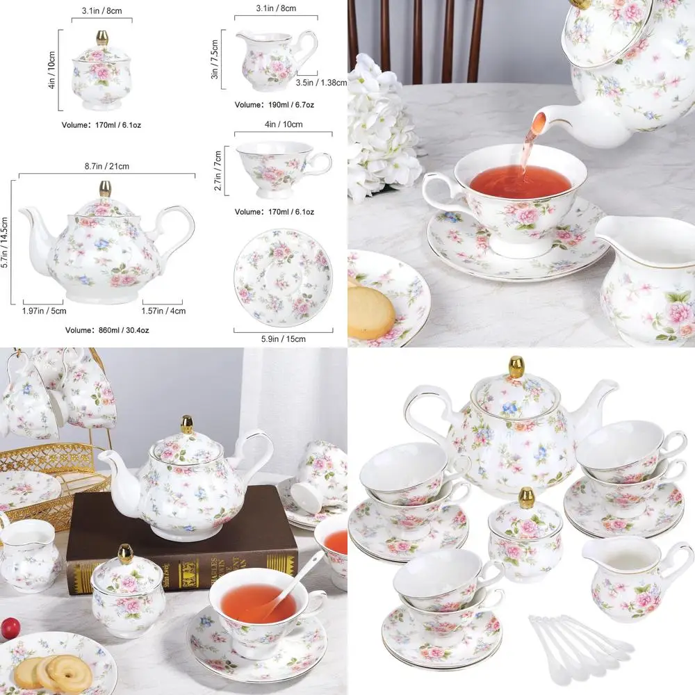 

Elegant 21-Piece Pink & Blue Floral Porcelain Tea Set with Gold Accents, Vintage British-Inspired Coffee Set for Adults, Perfect