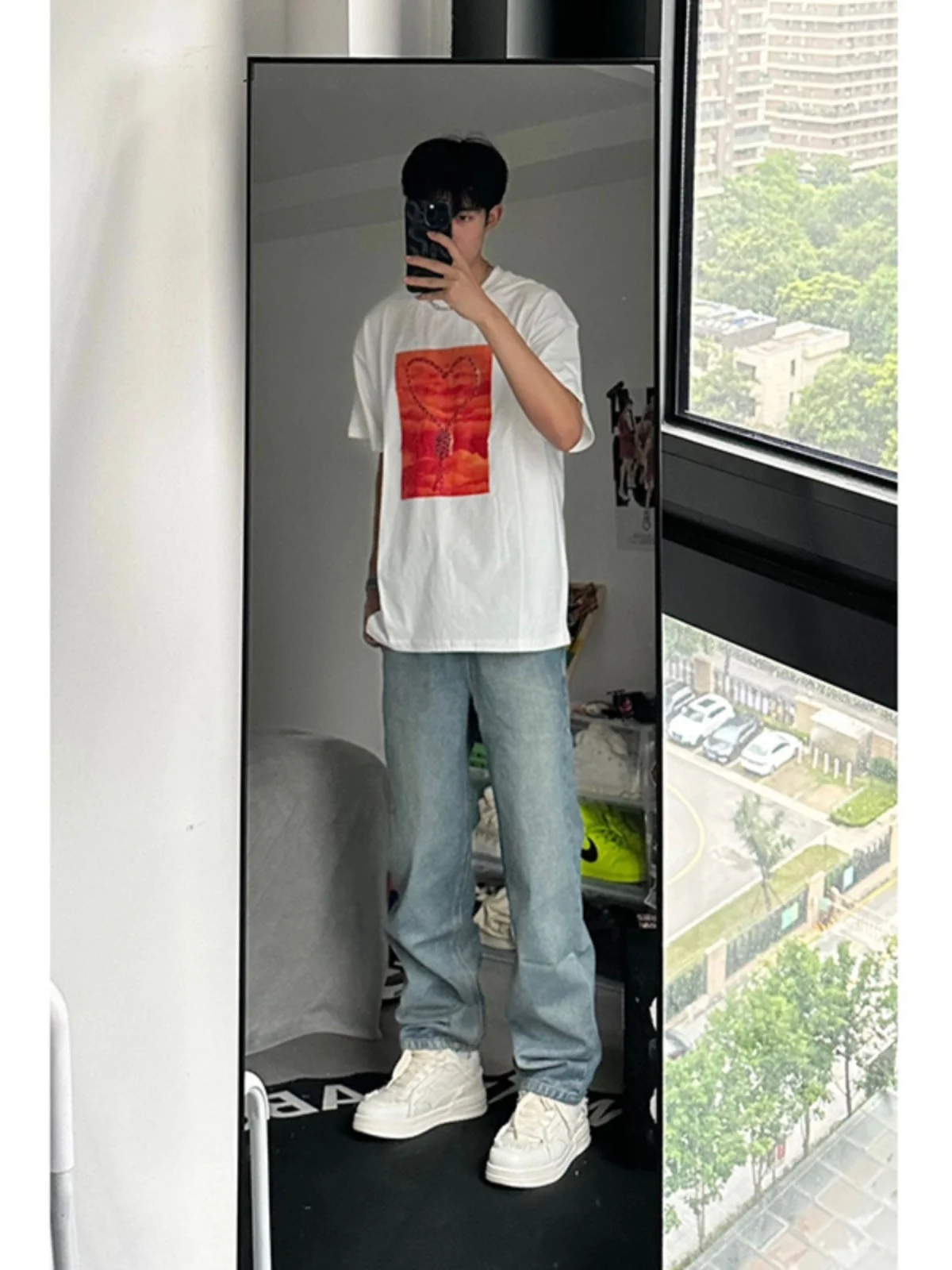 

Light Blue Waed Vintage Men's Summer Thin Denim Jeans Trendy Street Sle American Vibe Flared Pants Low Waist Straight Leg