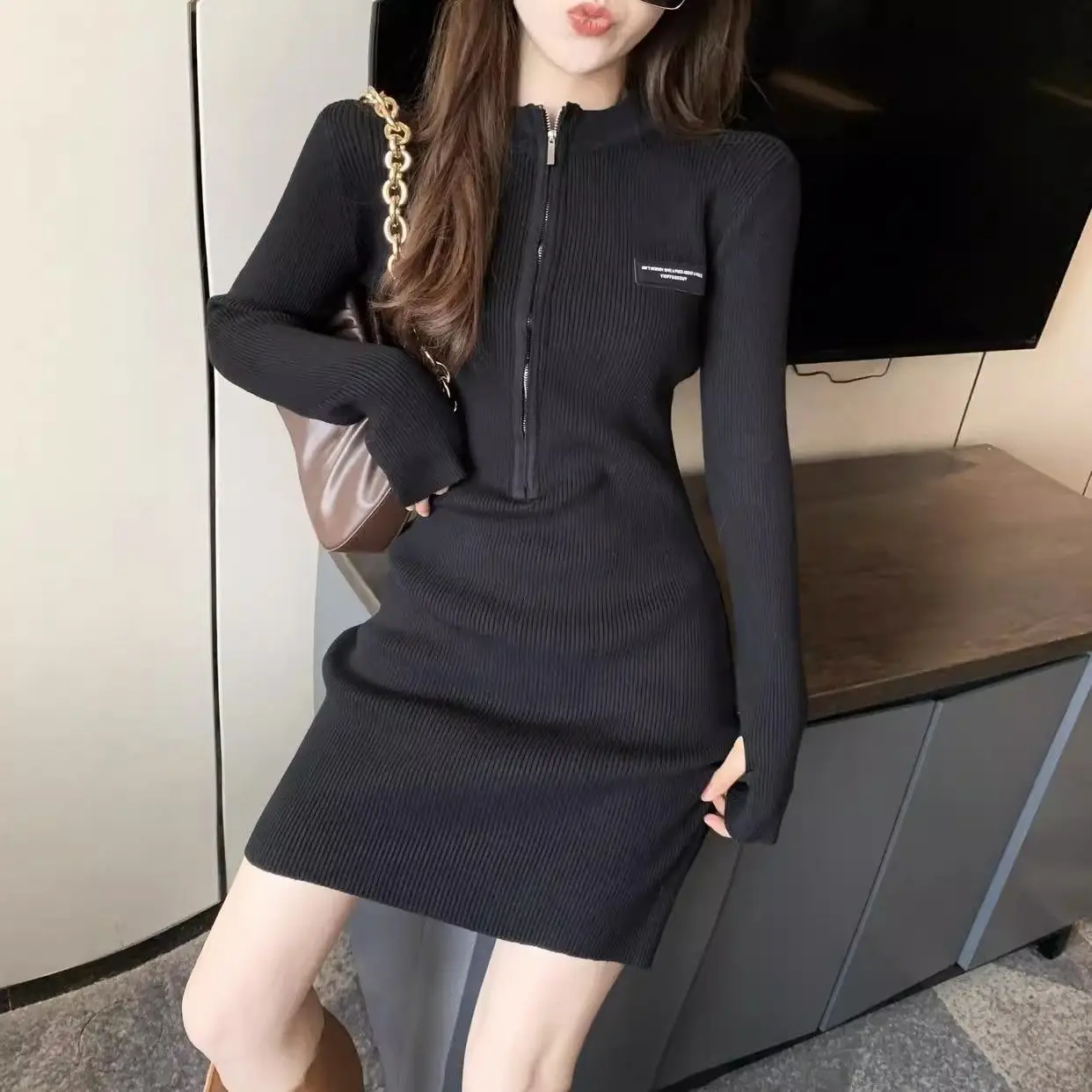 Slim Fit das mulheres e emagrecimento malha saia, zíper, saco de base, quadril, sexy, novo