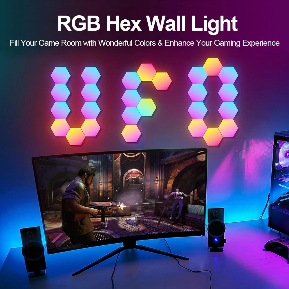 Imagem -02 - Rgb Lâmpada de Parede Hexagonal Inteligente Mudança de Cor Luz Ambiente Noturna Forma Faça Você Mesmo Música Ritmo App Sala de Jogos Quarto Inteligente Inteligente Zk30