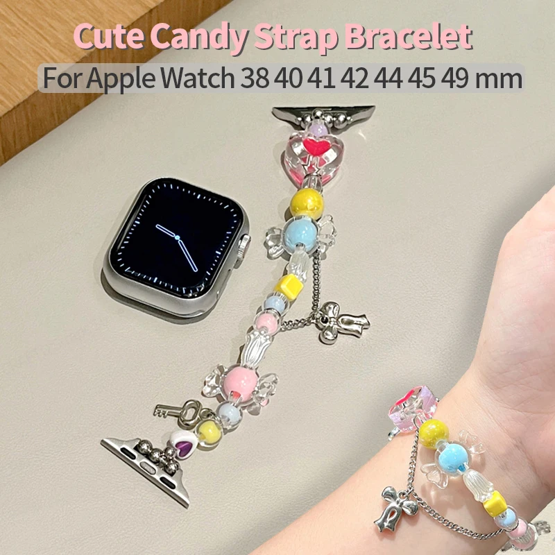 Милый карамельный ремешок для Apple Watch Series 7 Correa 44 мм 49 мм 41 38 42 45 женский эластичный браслет из бисера для IWatch 6 5 SE 4 3 Band