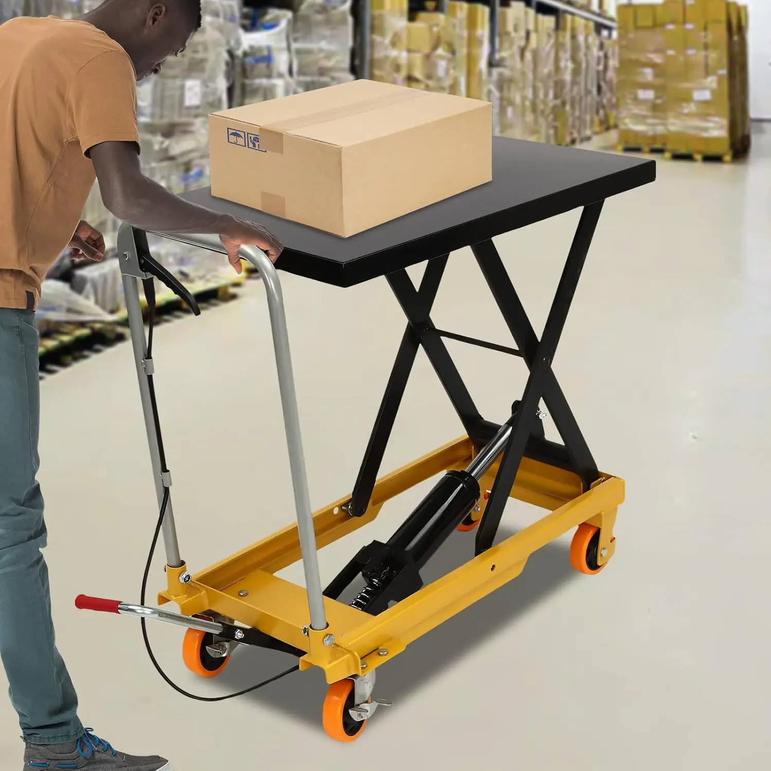 

500LBS Hydraulic Lift Table Cart, Lifting Height Hydraulic Material Lift Pallet Truck w/4 Locking Wheels for Material Handling