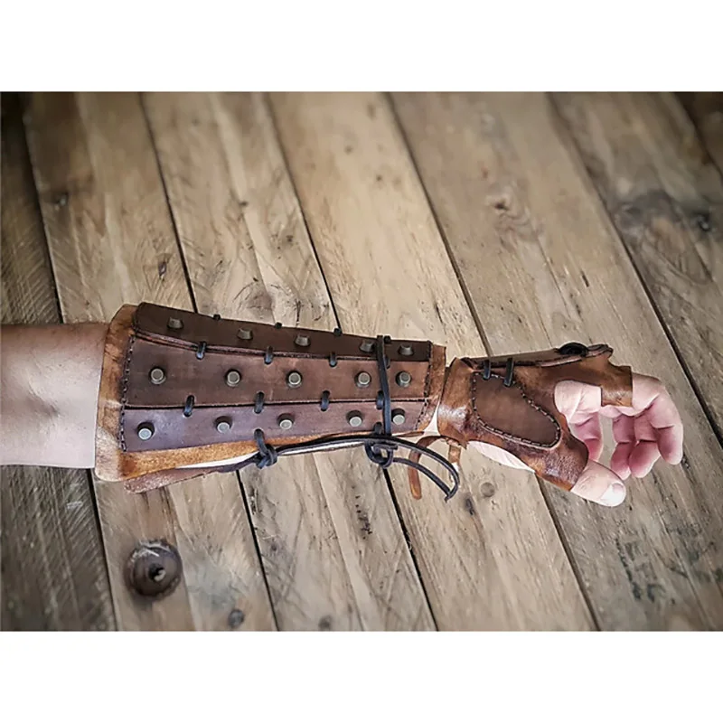 Steampunk Medieval Samurai Leather Bracer Long Gloves Gauntlet Viking Pirate Gladiator Cosplay Costume Accessory Arm Armor LARP