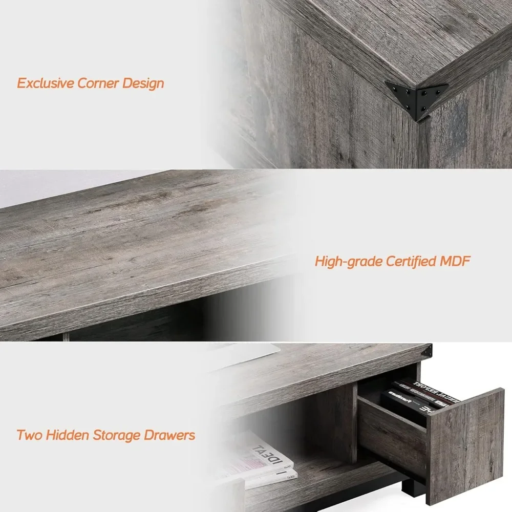 Coffee Table with Storage Drawers, Square Tea Tables with Double Storage Shelves, LED Coffee Table