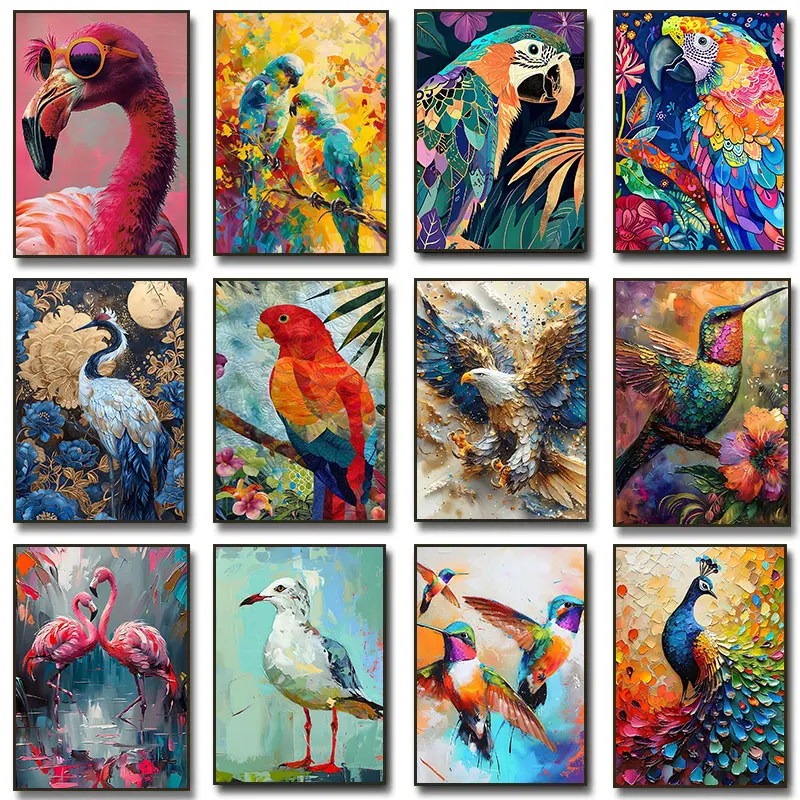 Bird Art Prints Canvas Painting Playful Flamingo Crane Woodpecker Eagle Posters Wall Art Picture Living Room Home Decor Gifts