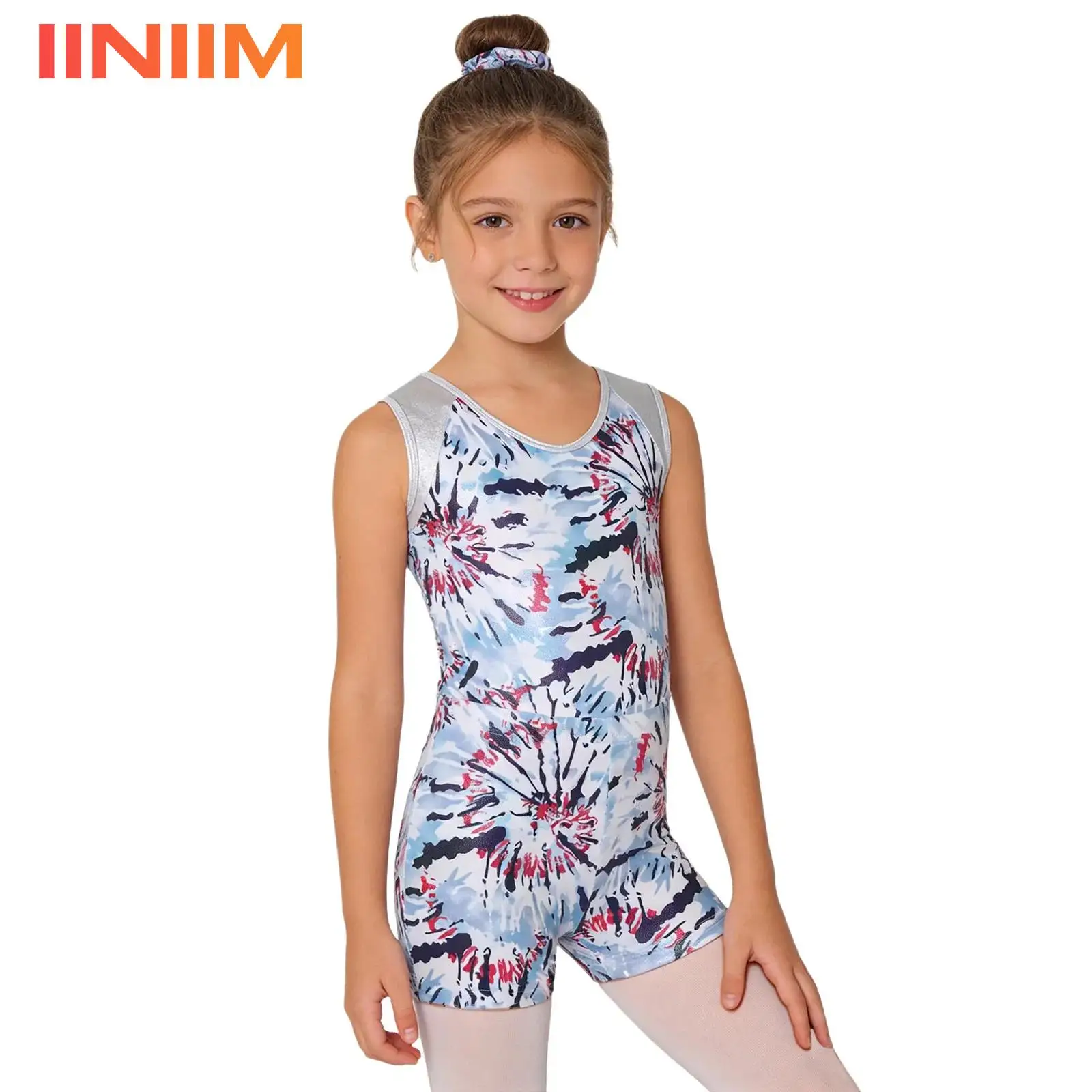 

Детский гимнастический купальник для девочек, балетный костюм для выступлений, металлизированный боди с принтом, эластичный пояс и повязка для волос