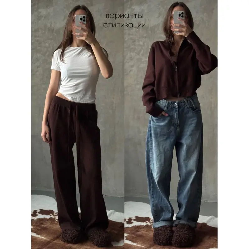 ชุดเซ็ตเสื้อคาร์ดิแกนและกางเกงไหมพรมแบบซิปสำหรับผู้หญิง สไตล์ทันสมัย ทรงเข้ารูป เหมาะสำหรับใส่ไปทำงาน ชุดลำลองสุดชิคสำหรับฤดูใบไม้ร่วงและฤดูหนาว