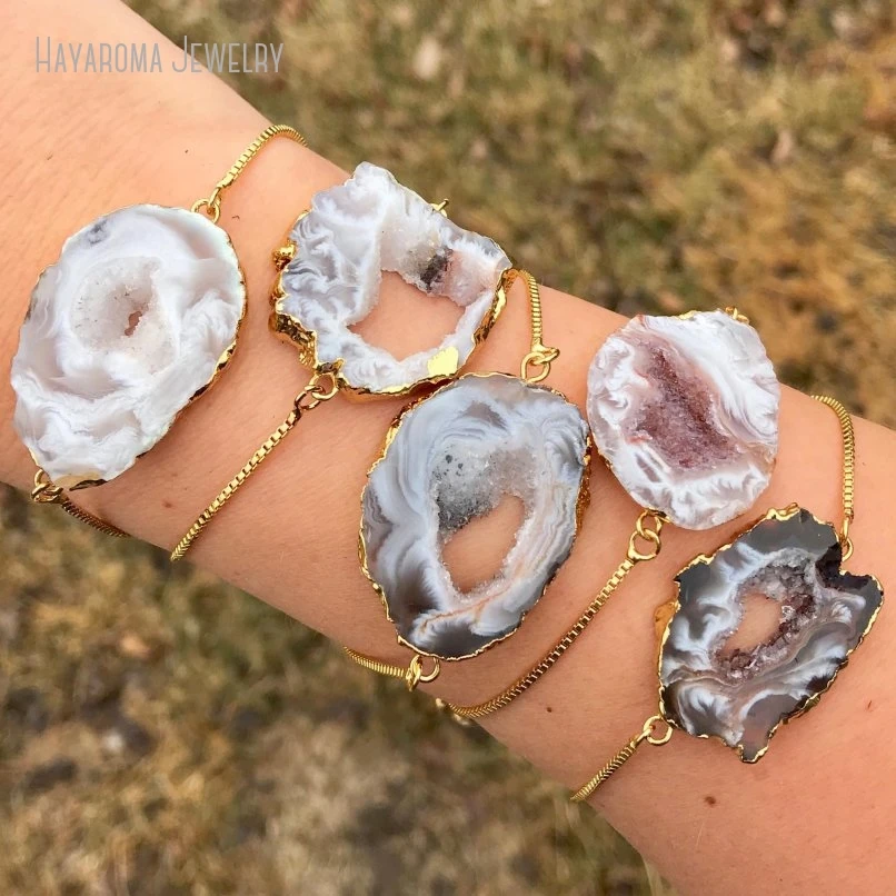 

10Pcs Agates Geode Slice Bracelet Cuff Adjustable Gold Color Box Chain Minimalist Agates Druzy Bracelet Geode Boho