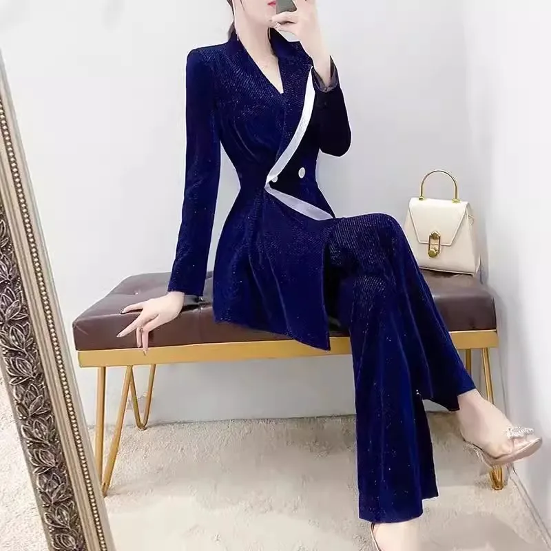 Blue Golden Velvet Suit Set Women 2023 New Spring Autumn Season High End Temperament Casual Small Blazer Foreigner Pants Career