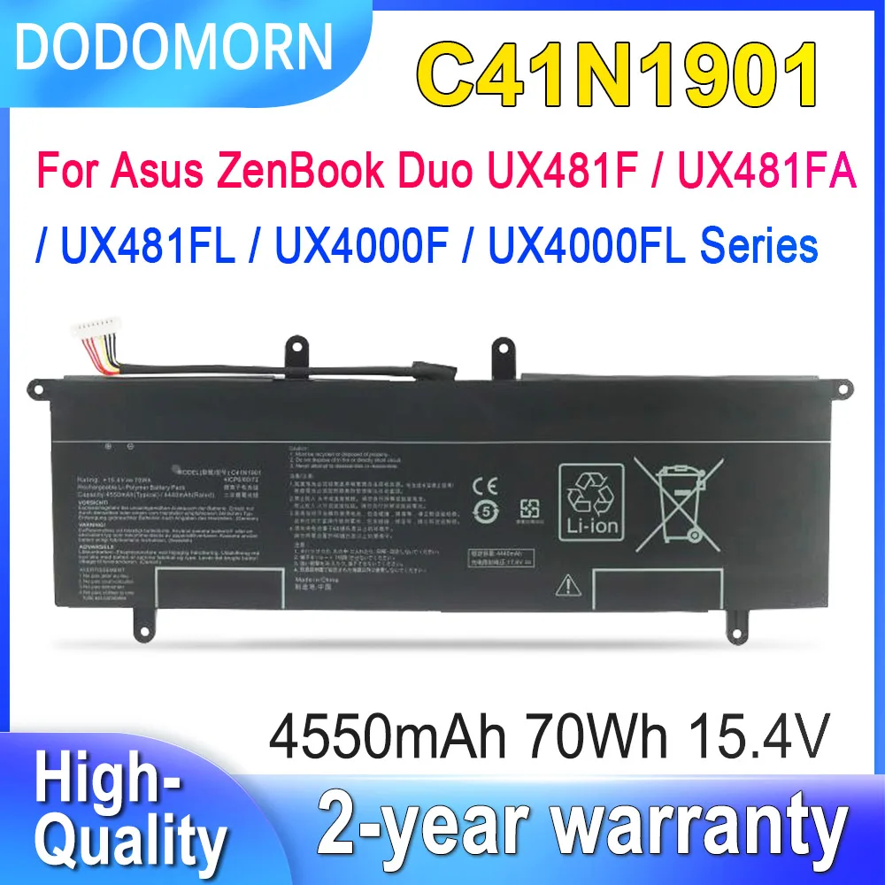 DODOMORN 4550mAh C41N1901 For ASUS ZenBook Duo UX4000F UX4000FL UX481 UX481F UX481FA UX481FL Series Laptop Battery 15.4V 70Wh