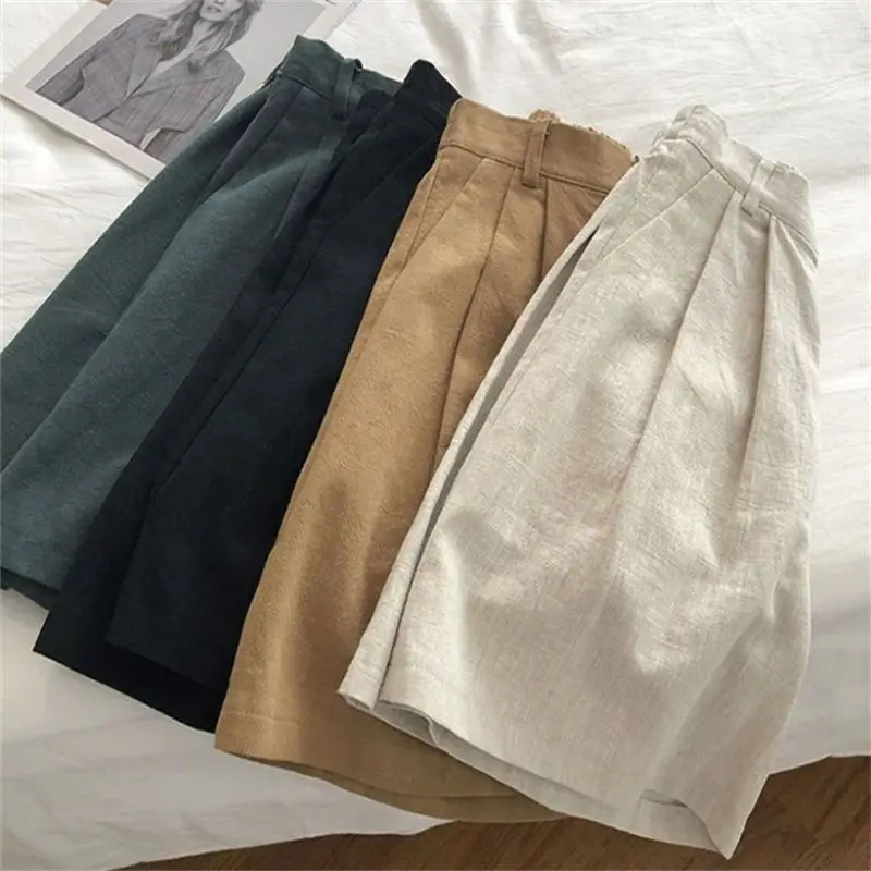 Summer Women's Solid Color Linen Zipper Pockets Fashion Casual Loose High Waist A-line Wide Leg Shorts