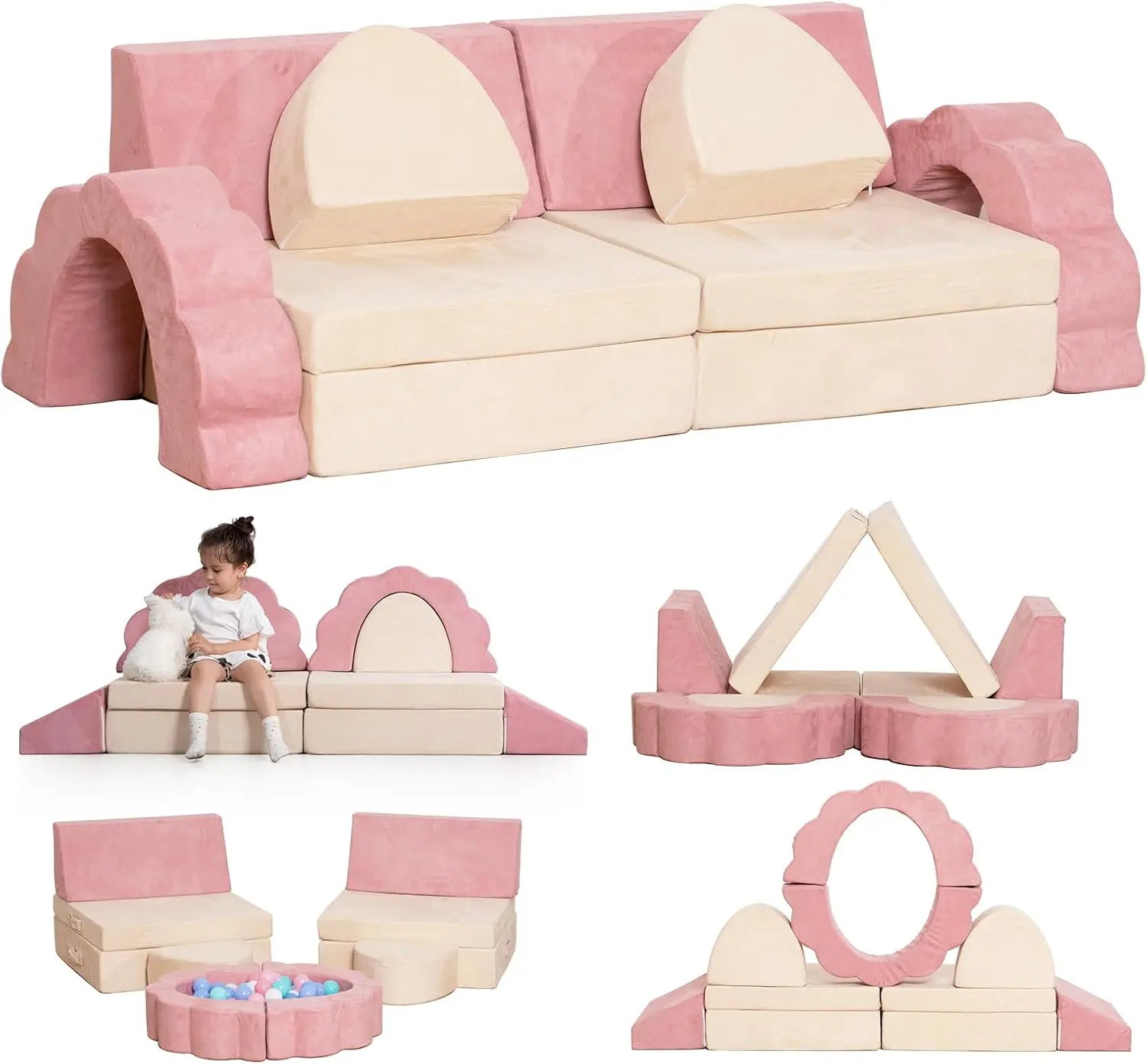 Kids Couch 10 ,Modular Toddler Play Sofa Fold Out Couch with Flower Shape for Creative Boy Girl,Convertible Sofa for