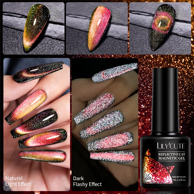 LILYCUTE 7ml 9D Reflective Cat Magnetic Gel Nail Polish Blue Sparkling Semi Permanent UV Gel Soak Off Glitter Gel Nail Art