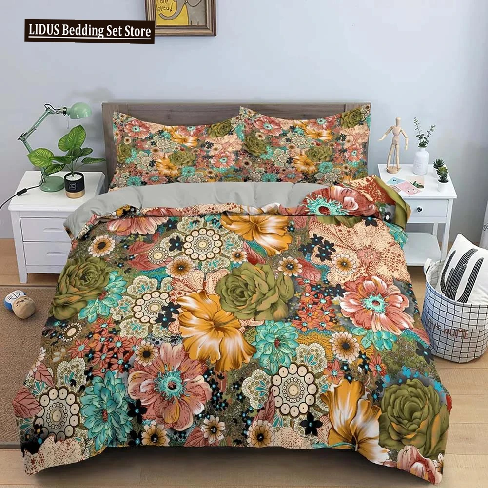 

Vintage Flower King Queen Duvet Cover Peony Sunflower Bedding Set Tropical Floral Quilt Cover Boho Polyester Comforter Cover