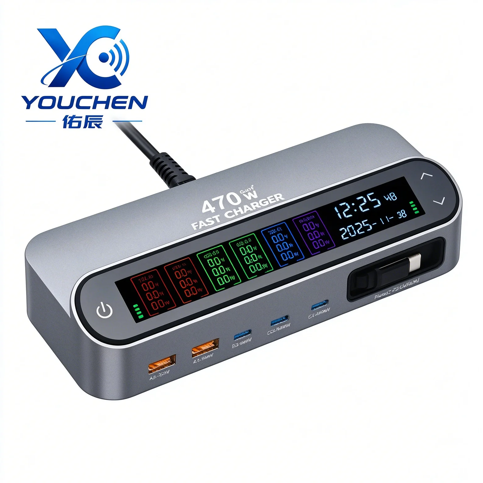 470W GaN Desktop Charging Station 140W PD Fast Charger Retractable Cable LED Digital Display Multi Port USB C Charger for Laptop