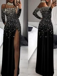 BKLD Fashion Shiny Gold Printed Long Sleeve Turtleneck Mesh Patchwork Split Evening Party Dresses Clothes For Women Black Dress