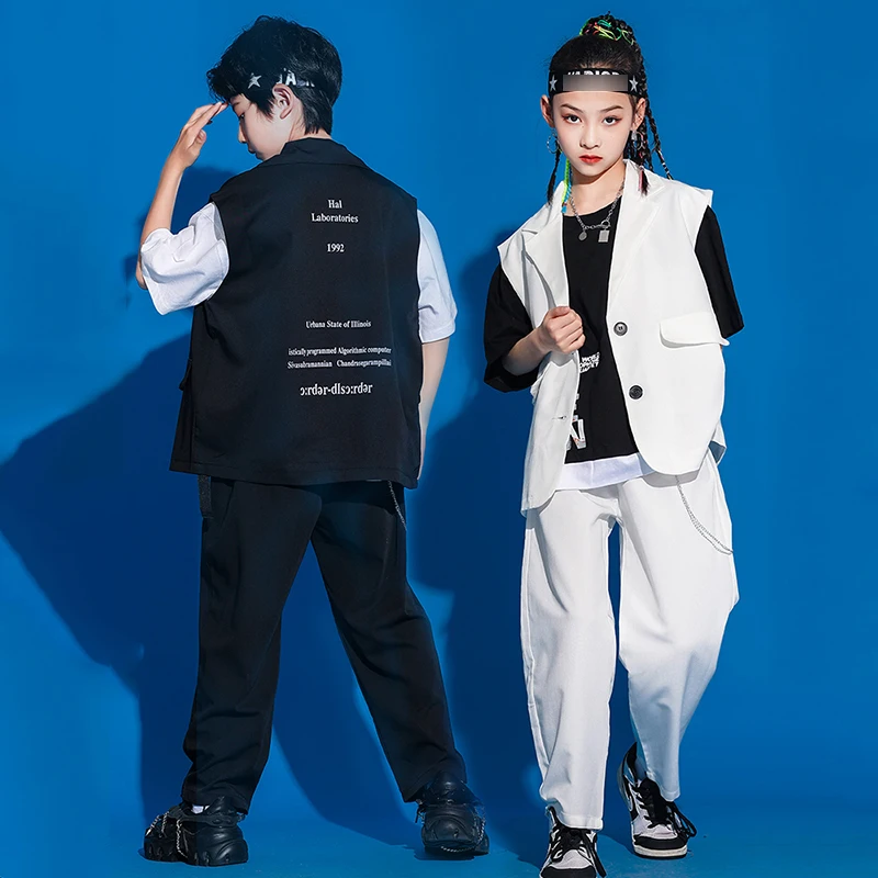 Costume de danse de rue pour enfants, vêtements Hip Hop, ample, blanc/noir, gilet et pantalon pour filles, tenue de spectacle de Concert de Jazz BL8500