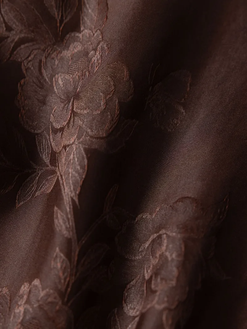 Dark Red Peony Print New Chinese Style Elastic Waist 100% Natural Mulberry Silk Fragrant Cloud Yarn Casual Straight Leg Pants