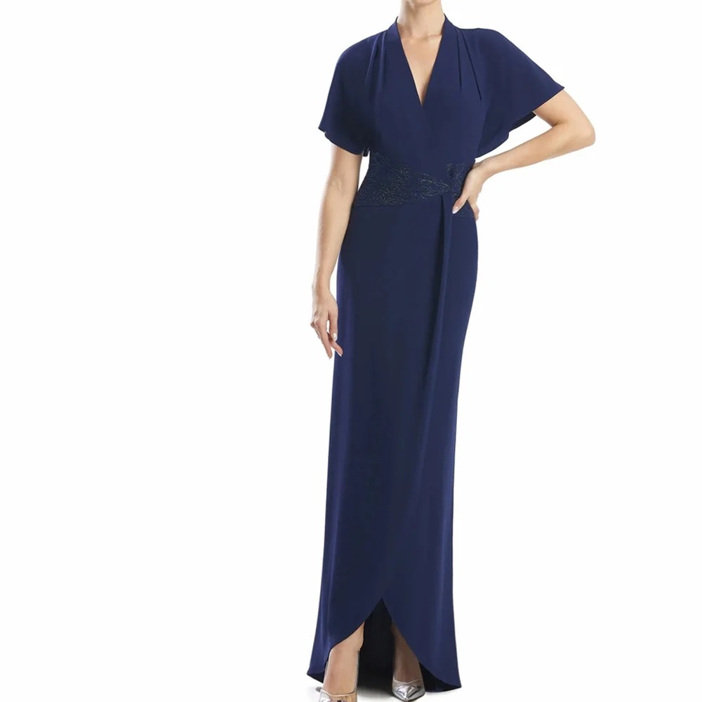 

Elegant V Neck Short Sleeves Straight Jersey Floor Length Appliques Solid Color Evening Dress Elegant Party Gowns Woman