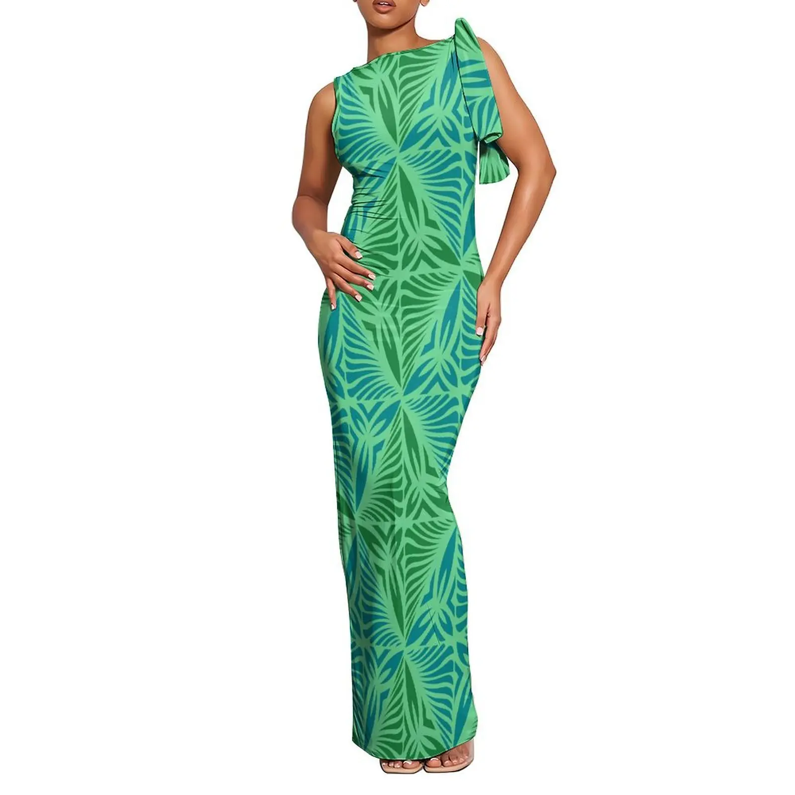 ใหม่คุณภาพสูงโลโก้ที่กําหนดเองแขนกุด Tie-Up ฤดูร้อนพรหมชุดผู้หญิง Maxi ยาว Polynesian Tribal พิมพ์ Wrap Dress