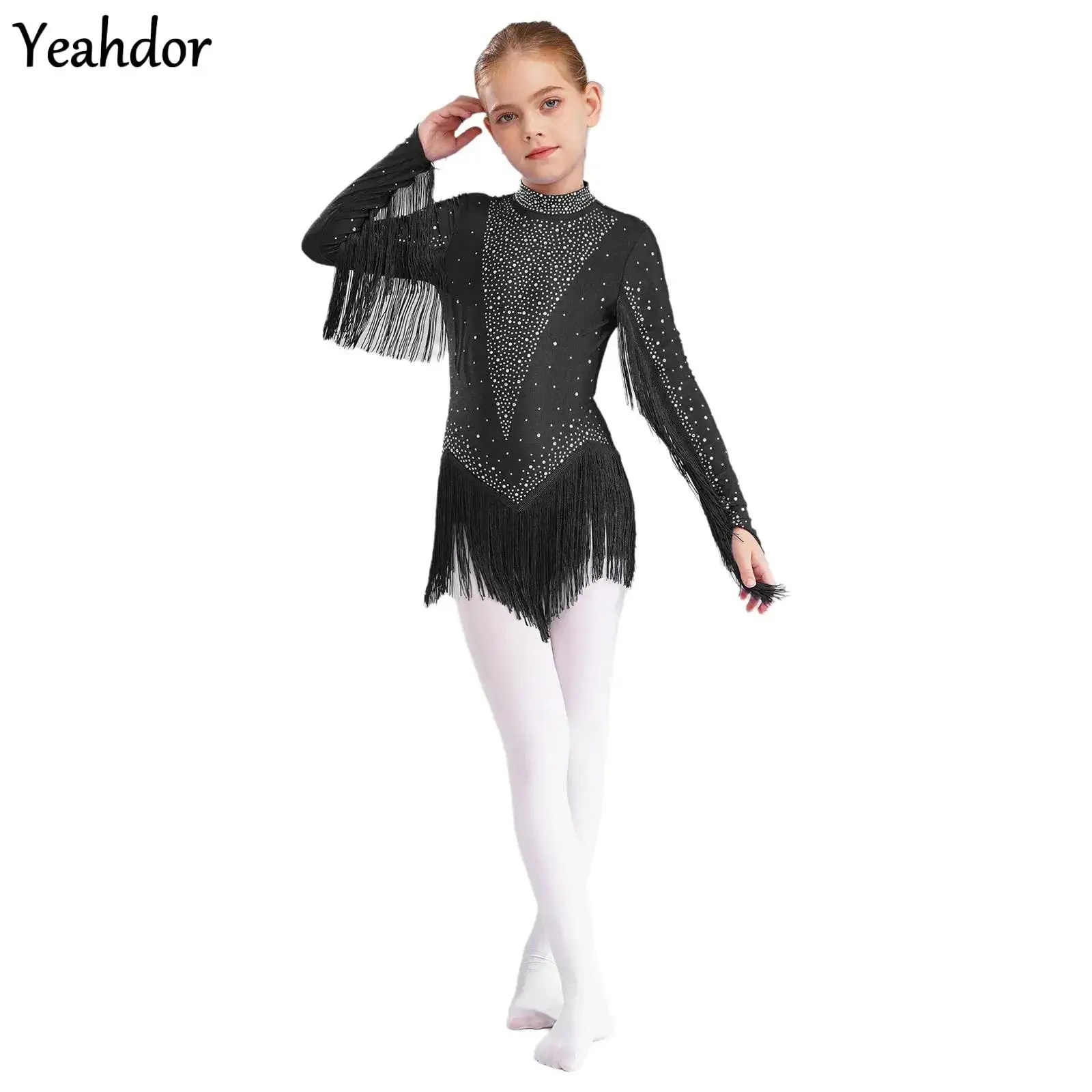 

Kids Girls Tassels Latin Dance Leotard Long Sleeve Rhinestones Fringe Bodysuit Gymnastics Ballet Skating Tango Cha-Cha Dancewear
